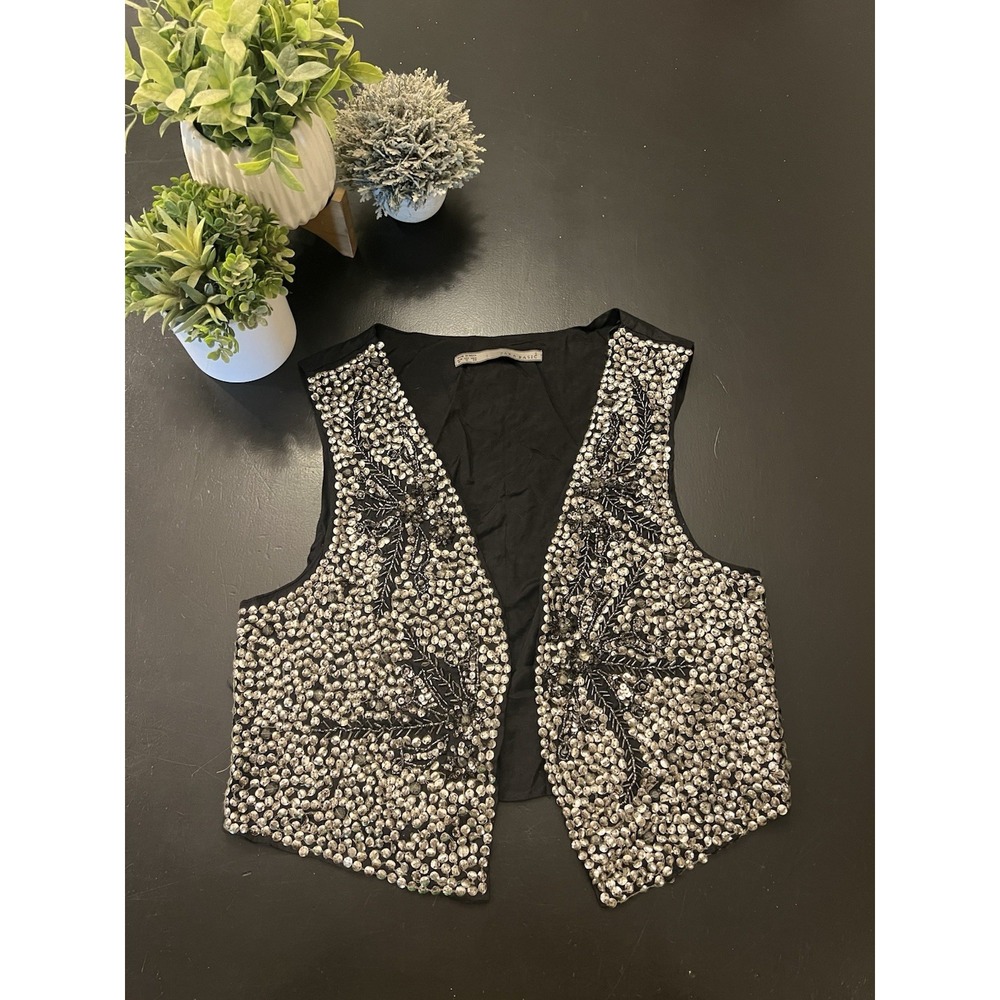 Zara Basic "Vintage Style" Black Silver Sequin Beaded Open-Front Vest Sz M
